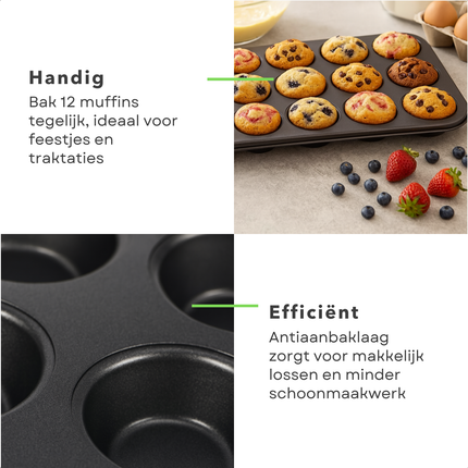 Cheqo® Muffinvorm met Non-Stick Coating - Bakvorm Cupcakes - Cupcakevorm - Ovenbestendig Tot 220 Graden - Voor 12 Muffins - Cupcake Bakvorm - Cupcakes Bakken