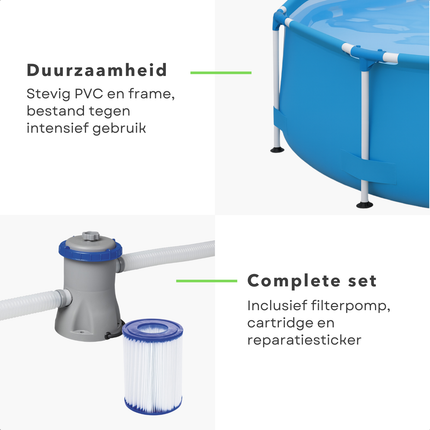 Cheqo® Zwembad Set – Rond Opzetzwembad met Stevig Stalen Frame – PVC Liner – Filterpomp & Cartridge – Leegloopventiel – Zwembad voor Kinderen – Eenvoudig op te Zetten – Tuinzwembad met Accessoires – Zwembad