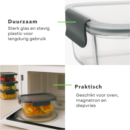 Cheqo® Glazen Meal Prep Bakjes - Vershoudbakjes Glas - Luchtdichte Vershoudbakjes - Glazen Bewaarbakjes - Magnetronbestendige Bakjes - Ovenbestendige Bakjes - Diepvriesbakjes Glas - Mealprep