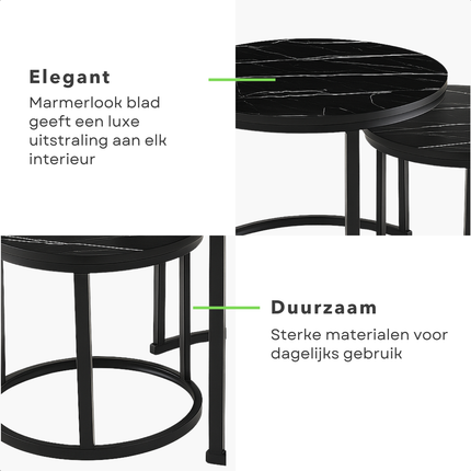 Cheqo® Industriële Bijzettafels Set - Modern Design - Bijzettafel Set - Bijzet Tafel - Salontafel Industrieel - Zwart MDF & Metaal