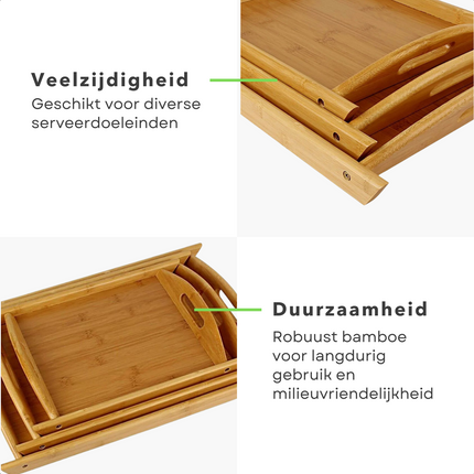 Cheqo® Bamboe Dienbladen Set - Serveerbladen Met Handgrepen - Set Van 3 Bamboe Serveerbladen - Dienblad Set - Bedtafel - Serveerblad