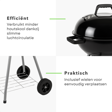 Cheqo® Houtskool Barbecue Ø45 cm - Houtskoolbarbecue - Met Deksel en Wielen - Draagbare BBQ voor Tuin of Camping