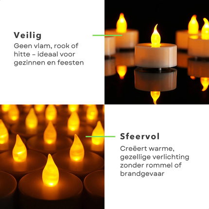 Cheqo® LED Theelichtjes - Theelichtjes Met Timer - Flikkerend Vlammetje - Warm Wit LED - Automatische Uitschakeling - 24 Stuks - Sfeervol Licht - Waxinelichtjes LED - Realistisch Vlammetje - Elektrische Kaarsen