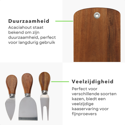 Cheqo® Luxe Kaasplank Set met 3 Kaasmessen - Stijlvol Houten Kaasplank Cadeau - Perfect voor Kaasliefhebbers - Borrelplank - Kaasplateau - 32 x 17.5 cm