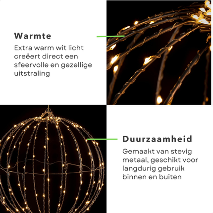 Cheqo® Lichtbol Kerstverlichting - Kerstbal LED - Extra Warm Wit - Met Timer - 50 cm Diameter - Binnen En Buiten - IP44 - Zwart Metaal - Kerstfiguur - Kerstdecoratie - Kerstlampjes - LED Bal - Lichtgevende Kerstbal