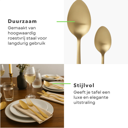Cheqo® 16-Delige Bestekset - Mat Goud - Roestvrij Staal - Vaatwasserbestendig - Handwas Aanbevolen - Bestekset Voor 4 Personen - Lepels, Messen, Vorken - Tafelbestek - Stijlvolle Afwerking - Hoogwaardige Kwaliteit - Elegant Design