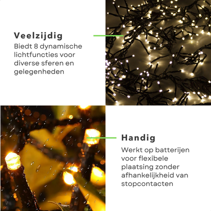 Cheqo® Kerstverlichting - Kerstboomverlichting - Kerstlampjes - 200 LED - 4M - Voor Binnen en Buiten - Timer - 8 Lichtfuncties - Op Batterijen - Warm Wit - Clusterverlichting - Sfeerverlichting - Feestverlichting Kerstboomverlichting