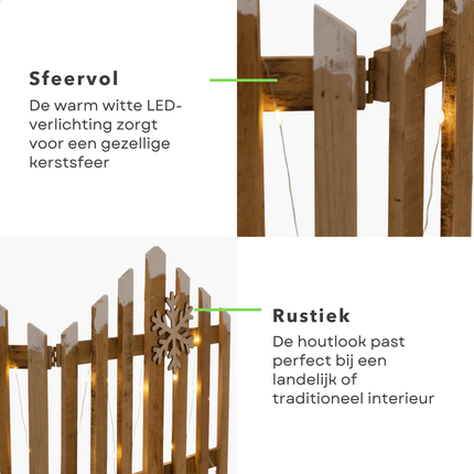 Cheqo® Kersthek Met LED Kerstverlichting - Houten Kersthek - Warm Wit LED - Automatische Timer - Kerstdecoratie Hek - LED Kerstverlichting - Kerstversiering Hout - Batterij - Decoratief Hek