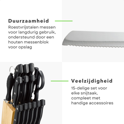 Cheqo® 15-delige Keukenmessen Set in Houten Messenblok - Messenset met Schilmes - Chefmes - Steakmessen - Messenset met Blok