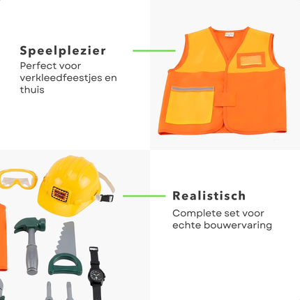 Cheqo® Bouwvakker Verkleedset - Bouwvakker Verkleedkostuum Kind - Bouwvakker Kostuum Kind - Bouwvakker Verkleedkleding - Bouwvakker Outfit Kind - Bouwvakker Verkleedset Helm Gereedschap