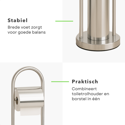 Cheqo® Vrijstaande Toiletbutler - Vrijstaand Toilet Butler - Zilver RVS - Touletborstel met Houder - WC Rol Houder - Rolhouder - Moderne Toiletaccessoires - 80 cm Hoog - Stijlvol en Duurzaam