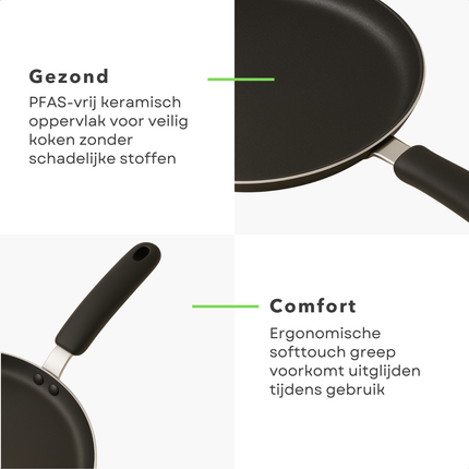 Cheqo® Pannenkoekenpan 24 cm - Pannenkoekpan PFAS Vrij - Crepe Pan - Koekenpan voor Pannenkoeken - Keramische Anti-aanbaklaag - Ook voor Inductie - Zwart