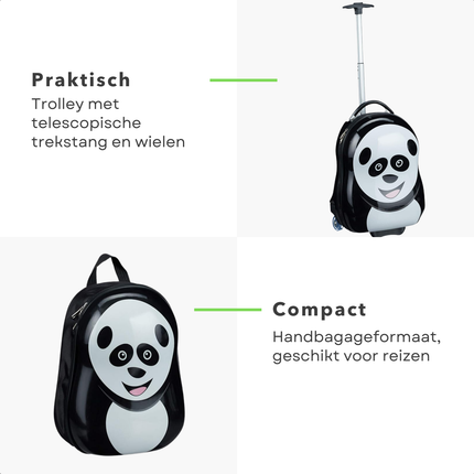 Cheqo® Kindertrolley en Rugzak Set - Kinder Koffer - Handbagage voor Kinderen - Panda - Handbagage Koffer ABS