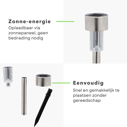 Cheqo® Solar Tuinverlichting Set - Solar Tuinspot - Buitenlamp - Tuinfakkels - Prikspots - Padverlichting - RVS - 36,5 cm - Buitenverlichting op Zonne-energie - 10 Stuks