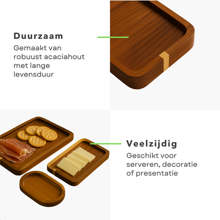 Cheqo® Houten Dienbladen Set - Dienblad Set - Serveerplateau - Borrelplank Set - Kaasplank - Duurzaam & Trendy - 3 Stuks - Hout