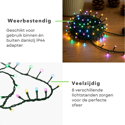 Cheqo® Microcluster Kerstverlichting - 400 LED Lampjes - 8 Meter Lengte - Multi Colour - 8 Lichtfuncties - Geheugenfunctie - Timer 8 Uur - IP44 Adapter - Voor Binnen En Buiten - Kerstboom Verlichting - Kerstboomverlichting - Kerstlampjes