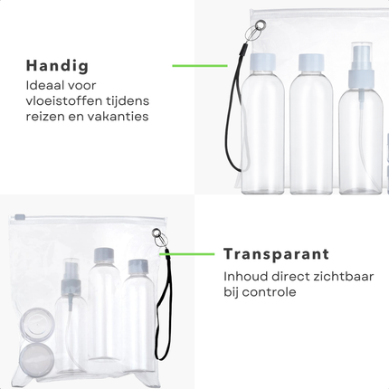 Cheqo® Reisflesjes - Reisflesjes Set - Reisset Flesjes - Reisflacons - Reisflacons Set - Reisflesjes met Etui - Reisflesjes Handbagage - Navulbare Reisflesjes - Doorzichtige Reisflesjes - Reisflesjes voor Vloeistoffen