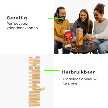 Cheqo® Drinkspel - Drankspel Voor Volwassenen - Gezelschapsspel - Houten Blokjes - Stapelspel - Spel Voor 2 - 4 Spelers - Gemiddelde Speeltijd 15 Minuten - Bouw De Toren - Vallende Toren - Shotglaasje Leegdrinken - 60 Houten Blokjes