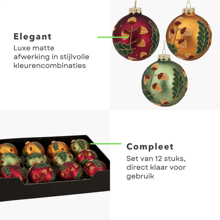 Cheqo® Glazen Kerstballen - Set van 12 - Mat Kerstballen - 8 CM Diameter - Rood Groen Goud - Kerstboomversiering - Kerstversiering - Goudkleurig Kapje - Rode Kerstballen Set