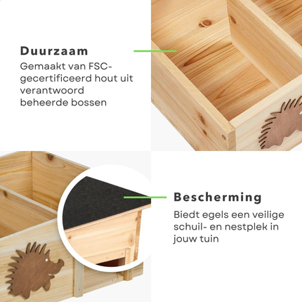 Cheqo® Egelhuis - Egelhuisje - Egelhuis voor Buiten - Egelhuis Tuin - Egelhuisje Tuin - Houten Egelhuis - Egel Nestkast - Egel Schuilplaats - Egelhuis met Afneembaar Dak