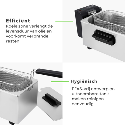 Cheqo® Friteuse - Regelbare Thermostaat - Indicatielampje - Uitneembare Tank - Verwarmingselement - PFAS-vrij - Eenvoudig Te Reinigen - RVS/Zwart - Functionele Friteuse - Frituurpan - Frituur Pan - Frietpan - Frituren