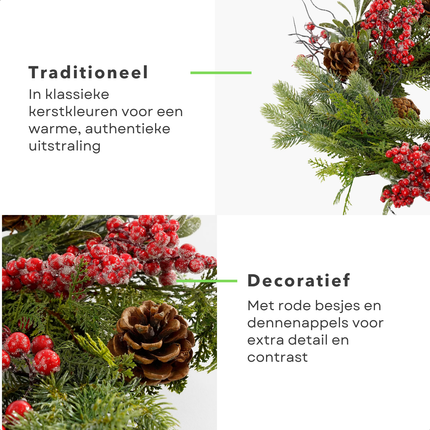 Cheqo® Kerstkrans Rood - Ø50 cm - Traditionele Kerstkleuren - Groene Dennennaaldjes - Rode Besjes - Bruine Dennenappels - Witte Afwerking - Licht Besneeuwd Effect - Eenvoudige Ophanging - Kerst Krans - Deurkrans