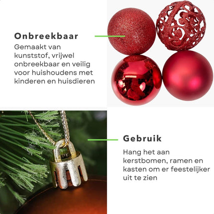 Cheqo® Luxe XL Rode Kerstballen Set - 101 Stuks - Met Piek - Onbreekbaar Kunststof - Kerstboomversiering - Kerstversiering - Verschillende Formaten & Designs - Kerstboom - Kerstdecoratie - Christmas - Met Ophangoog - Mat - Glanzend - Glitters Kerstballen