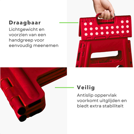 Cheqo® Vouwbare Opstapkruk - Opstapje - Trapje - Kruk - Krukje - Keukentrap - Keukentrapje - Opvouwbaar - Anti-Slip - ABS Materiaal - Max. 100 kg - Rood