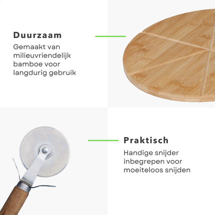 Cheqo® Pizzaplank Bamboe - Inclusief Pizzasnijder - Luxe Pizzabord - Serveerschaal - Tapasplank - Serveerplank - Pizza Serveerplank