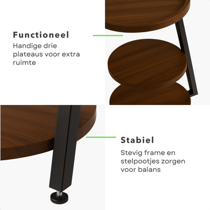 Cheqo® Moderne Bijzettafel - Bijzet Tafel - Bruin Bijzettafeltje - Zwart Metalen Frame - MDF Plateau - Opstaande Rand - Stelpootjes - Ronde Bijzettafel - Industriële Stijl - Woonkamer Tafel - Compacte Bijzettafel