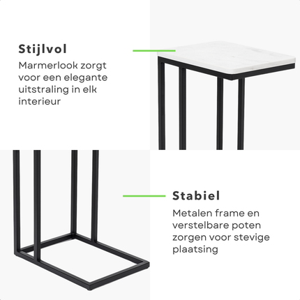 Cheqo® Bijzettafel - Bedtafel - Laptoptafel - Banktafel - Bijzettafeltje - Salontafel - Bijzet Tafel - Metaal - Marmeren MDF Tafelblad - Kleine Moderne Tafel - Wit
