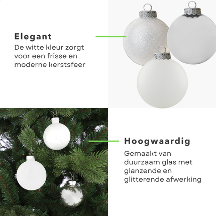 Cheqo® Kerstballen Set - Glazen Kerstballen - Witte Kerstballen - Kerstboom Decoratie - Glimmende Kerstballen - Glitter Kerstballen - Moderne Kerstdecoratie - Witte Kerstbal Set - Witte Ballen Kerst