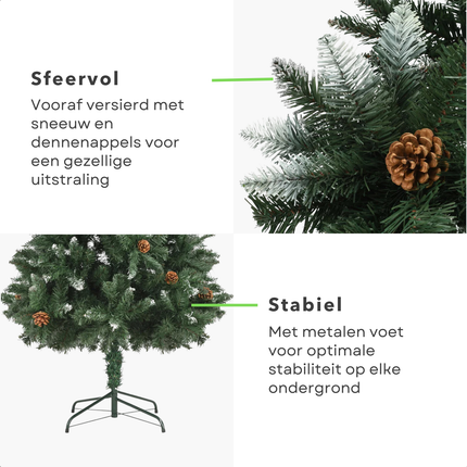 Cheqo® Kunstkerstboom 210 cm - Kerstboom met Sneeuw & Dennenappels - Metalen Voet - 1024 Toppen