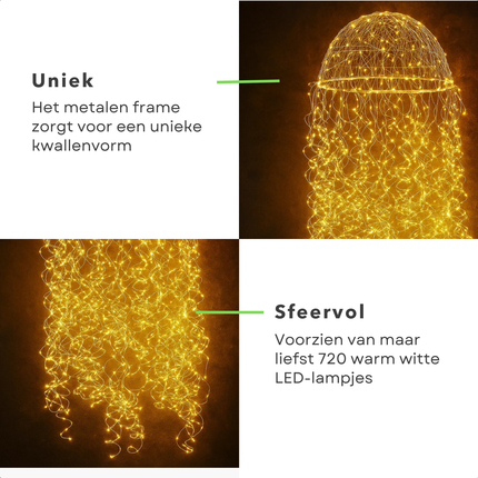 Cheqo® Kerst Kroonluchter voor Buiten - Kerstfiguur Kwal Vorm - Warm Witte LED Verlichting - 720 LED Lampjes - Spatwaterdicht - Zilveren Metalen Frame - Kersdecoratie - Kerstverlichting Buiten - Kroonluchter Lamp