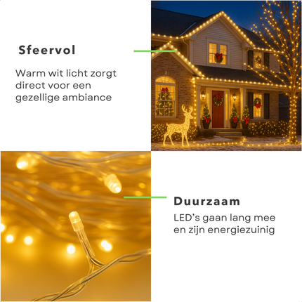 Cheqo® LED Verlichting - 180 LED Lampjes - Warm Wit - Lichtfuncties - Timer Functie - 13.5 Meter Lichtsnoer - Kerstboomverlichting Transparant Snoer - Binnen En Buiten - IP44 Adapter - Kerstverlichting - Lichtslinger - Sfeerverlichting - Kerstlampjes