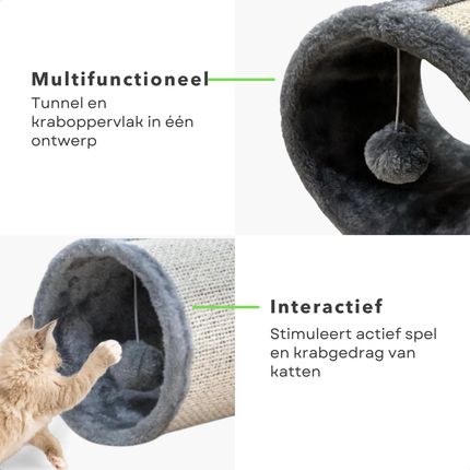 Cheqo® Kattentunnel met Krabfunctie - Krabpaal - Kattenspeelgoed - Interactief Speelgoed met Bal - Sisal Krabton - Duurzaam en Leuk