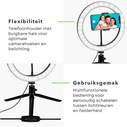 Cheqo® Selfie Ringlamp Set - 25 cm LED Ringlicht met Statief - Selfie Ringlight - Ring Light - Flexibele Telefoonhouder - USB Oplaadbaar - Verstelbaar Statief
