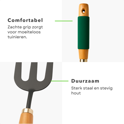 Cheqo® Tuingereedschap Set - Tuin Gereedschap Set - Tuingereedschapset - Hark - Spitvork - Plantschep - Tuin Accessoires - Voor Klein Tuinwerk - Houten Handvat - 27 cm