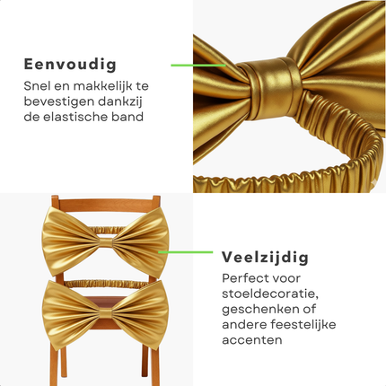 Cheqo® Kerst Stoelstrik - Stoelstrik Goud - Set Van 2 - Stoeldecoratie Kerst - Gouden Strik - Kerstdecoratie Stoel - Feestelijke Stoelstrik - Kerstversiering Stoel - Decoratieve Strik - Stoelstrik Set - Kerst Strik