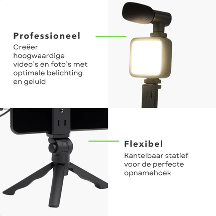 Cheqo® Telefoon Statief Met Lamp - LED Telefoon Statief - Content Creators Statief - Vloggers Telefoon Standaard - Livestream Statief - LED Lamp Met 49 LED’s - Verstelbare Lichthelderheid - Externe Microfoon Statief - Smartphone Tripod