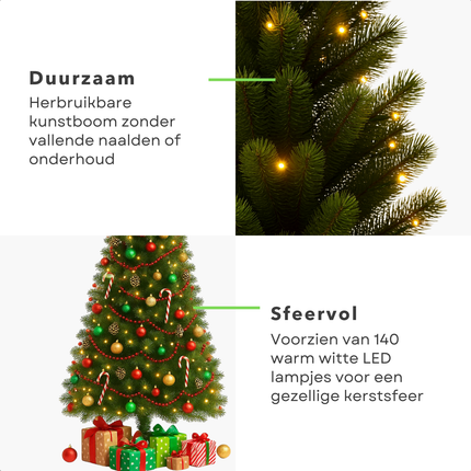 Cheqo® Kunstkerstboom Met Verlichting - Kunstkerstboom 185 cm - Verstelbare Takken - Onderhoudsvriendelijke Kerstboom - Kunststof Kerstboom - Kerstboom Voor Binnen - Warm Witte LED Lampjes - Kerstboom Met Standaard - Ruimtebesparende Kerstboom