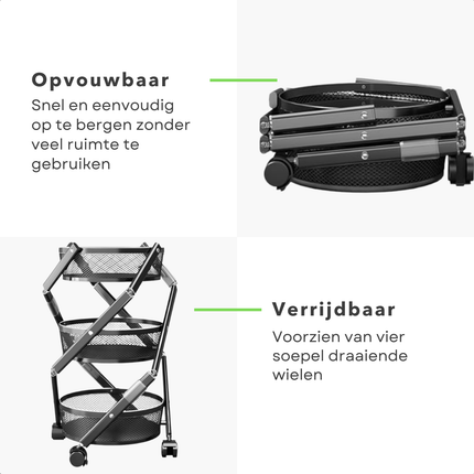 Cheqo® Keukentrolley op Wieltjes - Serveerwagen - Keukenrek - Keuken Trolley - Keukenorganizer - Zwart - Verrijdbaar 3-Laags Opbergrek - Staal - Opvouwbaar