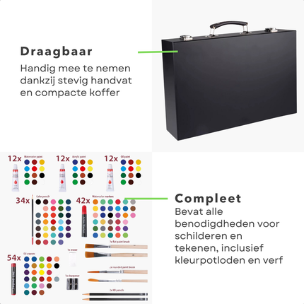 Cheqo® 174-Delige Houten XXL Tekenset - Tekendoos - Tekenen - Schilderen - Schilderset - Professionele Schilderkoffer voor Volwassenen - Compleet met Kleurpotloden en Verf