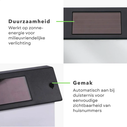 Cheqo® Solar LED Huisnummer op Zonne-energie -Buitenlamp op Zonne-Energie - Automatische Sensor - Duurzaam - Weersbestendig - Incl. Montagemateriaal - Geen Elektra Nodig - Energie Besparen - RVS Huisnummers