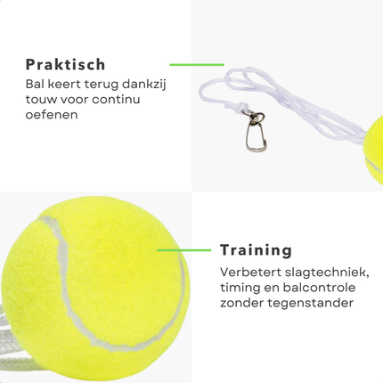 Cheqo® Tennisbal Met Touw - Tennisbal Aan Touw - Tennisbal Met Koord - Tennisbal Met Lijn - Tennisbal Met Clip - Tennis Trainer Bal - Tennis Trainingsbal - Tennis Oefenbal - Tennisbal Trainer - Tennisbal Terugslag