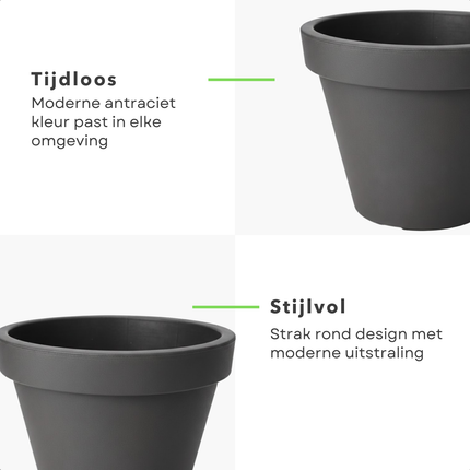 Cheqo® Bloempot Antraciet - Ronde Bloempot - Bloempot Rond - Bloempot Binnen - Bloempot Buiten - Bloempot Antraciet Rond - Bloempot 25 Cm - Bloempot Rond 25 Cm