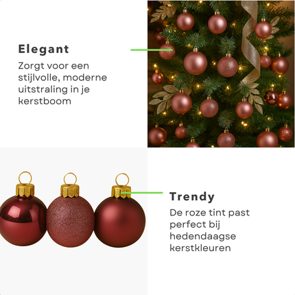 Cheqo® Kerstballen Set - Roze Kerstballen - Glazen Kerstballen - Ø7 cm Kerstballen - Kerstboom Decoratie - Chique Uitstraling - Feestelijke Kerst - Matte Kerstballen - Glimmende Kerstballen - Glitter Kerstballen - Kerstbal Set Roze