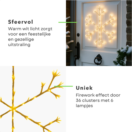 Cheqo® Verlichte Sneeuwvlok - Deurkrans - 216 Led Lampjes - Warm Wit Licht - Ø60 cm - Binnen En Buiten Gebruik - IP44 Beschermwaarde - Kerstdecoratie - Grote Sneeuwvlok - Firework Effect - 5 Meter Aansluitsnoer - Energiezuinige Verlichting