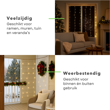 Cheqo® LED Gordijnverlichting - 240 LED Lampjes - 200x150 cm - Kerstverlichting - Binnen En Buiten - Transparant Snoer - IP-44 Adapter - 12 Functies Controller - Geheugenfunctie - 16 Strengen - 150 cm Lang - Wit Licht - 5 Meter Aansluitsnoer