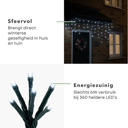 Cheqo® Ijspegel Verlichting - Kerstverlichting Buiten - Ijspegelverlichting 360 LED - Wit Licht - Koelwit - 12 Meter Lengte - 8 Lichtfuncties - met Timer - Geheugenfunctie - IP44 Adapter - Geschikt voor Buiten